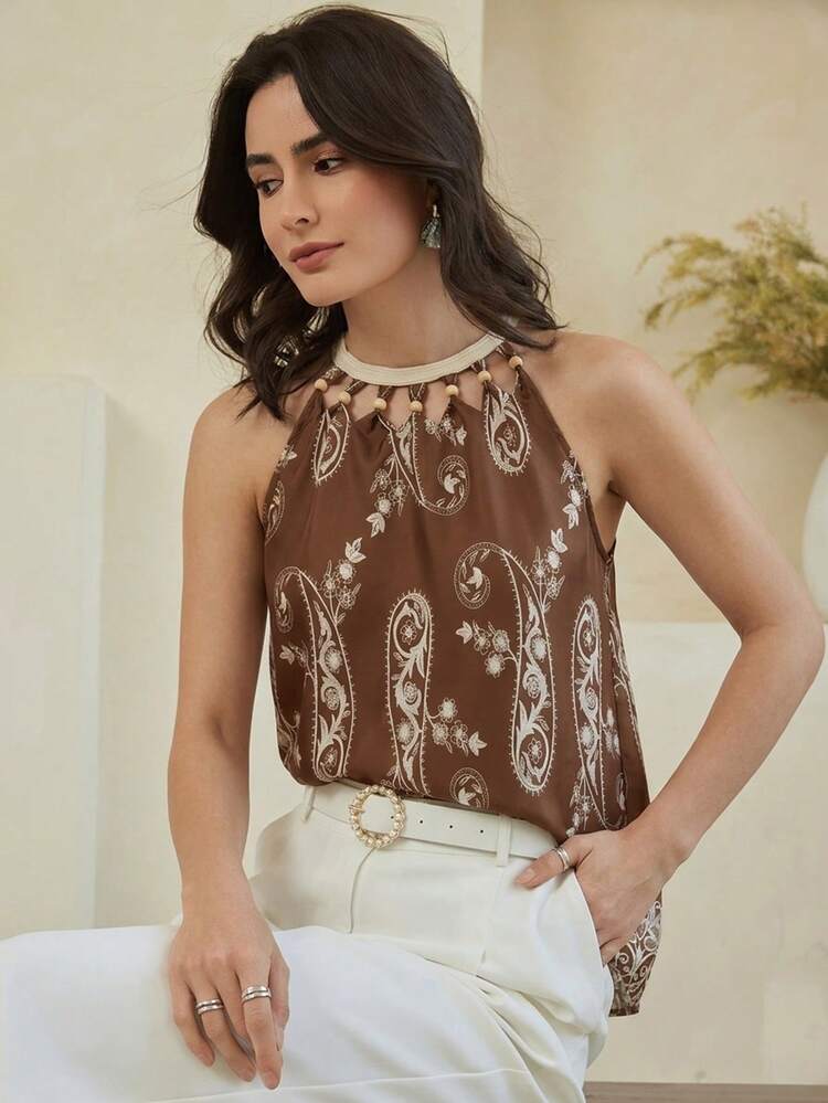 Women's Loose Printed Fabric Halter Neck Vacation Beach Vest, Suitable For Spring And Summer Boho
