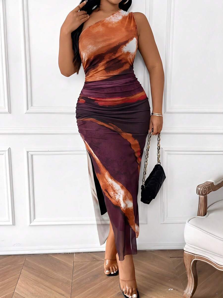 Vionelle Plus Size Summer Tie-Dye Printed Dress With Asymmetric Neckline, Ruched Waist And Side Slit Maxi Women Outfit - Multicolor - View 1