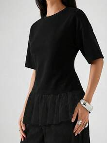 LYSMO Women's Solid Color Round Neck Casual Versatile Daily Wear T-Shirt,Summer Top - Black - View 4