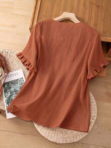 Linhara Plus Size Women Casual Minimalist Countryside Style Small V-Neck, Cotton Bordir Fashion Ruffle Cuff Loose Blouse - Jeruk - View 2