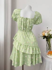 Sweetra Đầm xếp ly ngắn tay cổ tim họa tiết hoa cúc kẻ caro dáng suông, thắt nơ, kiểu dáng cổ điển, thanh lịch, ngọt ngào dành cho phụ nữ cỡ lớn. - màu xanh lá - Xem 2