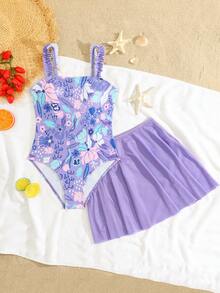 SHEIN Conjunto de traje de baño de una pieza con estampado floral y minifalda para niña preadolescente, adecuado para vacaciones en la playa, fiestas en la piscina y fiestas en la playa - Morado - Ver 2