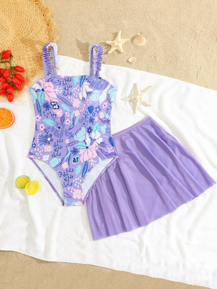 SHEIN Conjunto de traje de baño de una pieza con estampado floral y minifalda para niña preadolescente, adecuado para vacaciones en la playa, fiestas en la piscina y fiestas en la playa