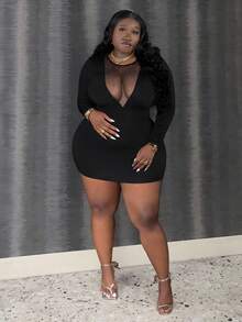 CurvyTilda Slayr Plus Size Elegant Sexy Fitted Solid Mesh Panel Neck Mini Dress, For Hourglass Body Shape - Black - View 3