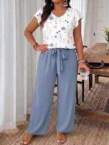 SHEIN Frenchy Bộ đồ 2 món cỡ lớn gồm áo và quần in hoa, trang phục thường ngày cho kỳ nghỉ. - Nhiều màu - Xem 1