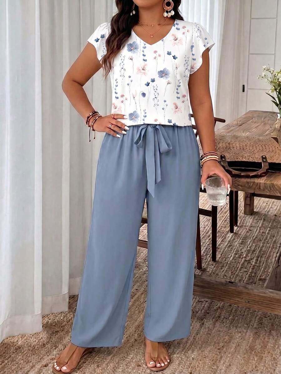 SHEIN Frenchy Bộ đồ 2 món cỡ lớn gồm áo và quần in hoa, trang phục thường ngày cho kỳ nghỉ. - Nhiều màu - Xem 1