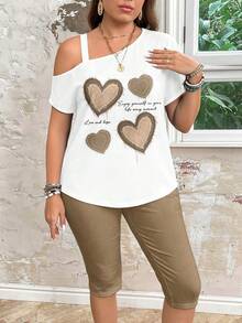SHEIN LUNE Bộ đồ 2 món cỡ lớn, họa tiết hoa tối giản, phong cách thường ngày, thích hợp cho mùa hè. - Màu Khaki - Xem 4