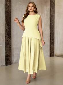 Roveilla Đầm maxi cỡ lớn dành cho nữ màu xanh ô liu, chất liệu chiffon pha trộn, cổ tròn, không tay, xếp ly ở vai, vạt bất đối xứng, thanh lịch kiểu Pháp lãng mạn cổ điển, thích hợp đi làm, công sở, đi biển, nghỉ mát, thường ngày, đơn giản, phong cách retro Trung Đông, dự tiệc cưới, mùa xuân hè. - Màu vàng - Xem 3