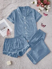 SHEIN 女士优雅豹纹提花领短袖短裤长裤三件套睡衣套装，仿丝绸 - 霧霾藍 - 查看 6