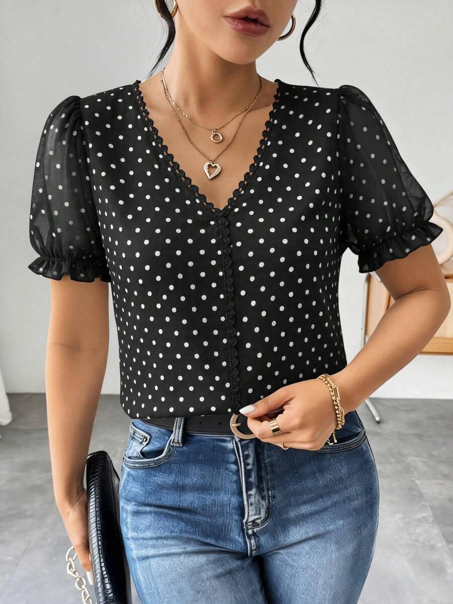 Gaivellea Women's Fashionable French Polka Dot Chiffon Blouse, Intellectual Elegant Short Sleeve Ruffle Design Shirt For Summer - Black - View 1