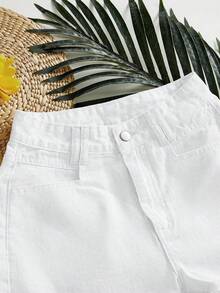 SHEIN PETITE 女士宽松白色A字牛仔短裤，毛边裤脚 - 白色 - 查看 3