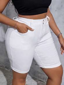 SHEIN Tall CURVE Plus Size Women White Denim Elastic Skinny Shorts - White - View 5