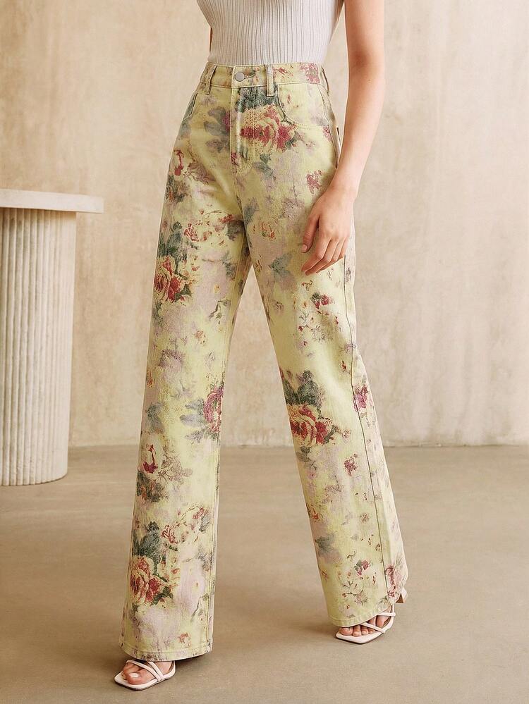 Women's New Fashionable Printed Pink Straight Leg Jeans