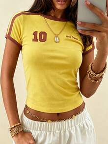 Camiseta corta de manga corta con estampado numérico y de letras, con ribete de contraste, para uso casual, deportivo y diario, verano - Amarillo - Ver 3