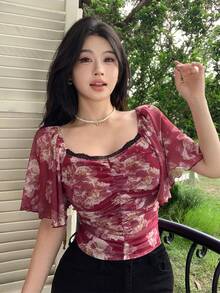 Modelyn Áo thun mùa hè thanh lịch, chất liệu lưới, in hoa, viền ren, kiểu dáng lưới, thích hợp cho kỳ nghỉ. - Màu Đỏ Sâu - Xem 5