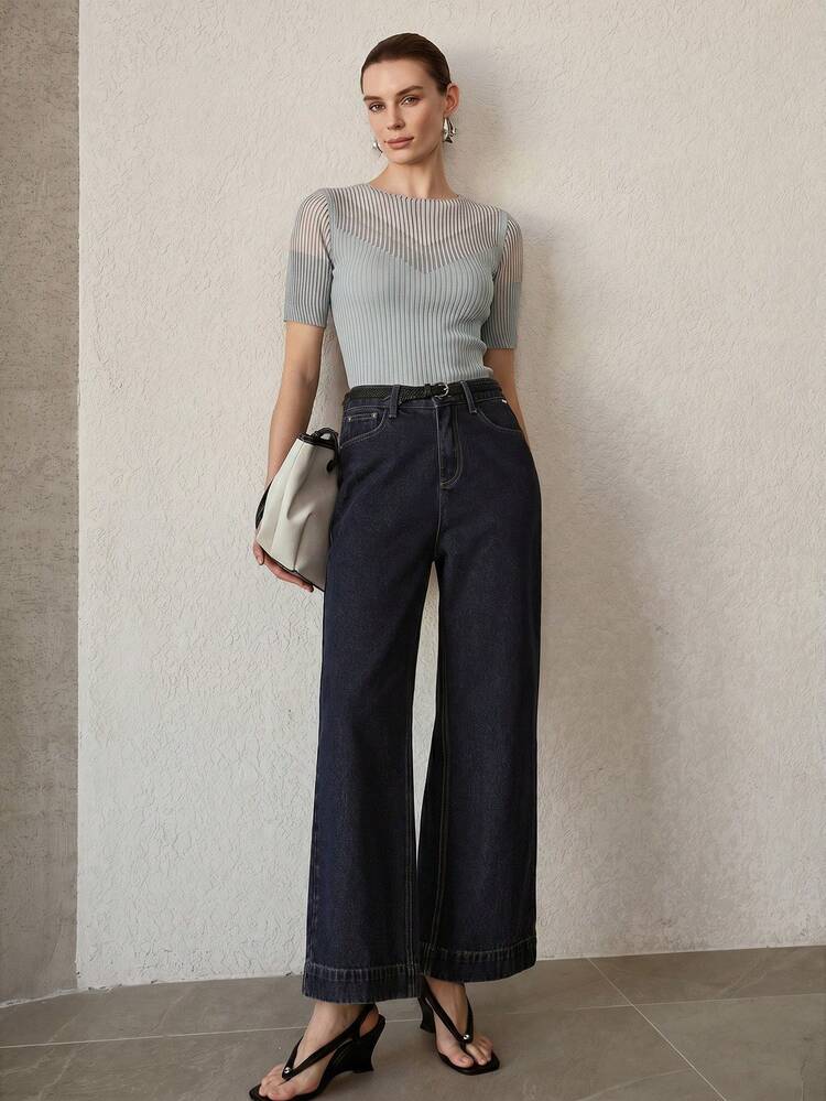 WOMEN'S SHORT SLEEVE FITTED RIBBED KNIT TOP