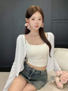 Joudiya Solid Crop Jacket Without Cami Top,Fall Clothes - Apricot - View 10