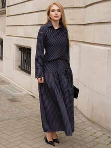 Elenary Edit Navy Blue Striped Commuter Shirt And Skirt Set, Autumn/Winter Elegant Pleated Skirt Set Spring - Navy Blue - View 4