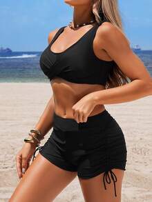 SHEIN Swim Basics Women's Summer Beach Solid Color Criss-Cross Sexy Bikini Swimsuit Set - Black - View 10