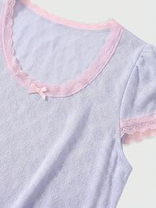 lacRébo Conjunto de ropa de dormir con encaje azul y rosa que incluye una camiseta de cuello redondo y shorts acampanados. Ropa de casa cómoda y linda con estilo francés y parisino para primavera y verano - Celeste - Ver 9
