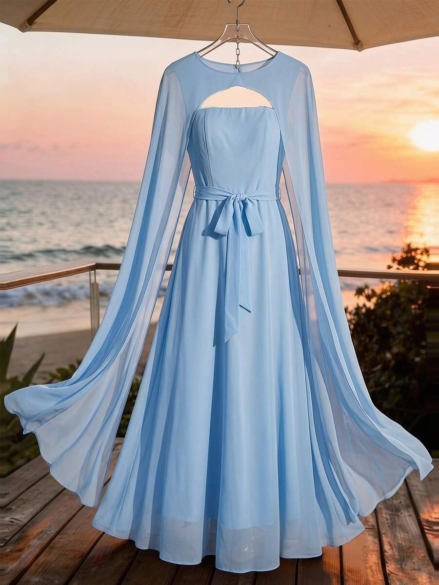 Modelyn Women's Elegant Party Dining Solid Color Hooded Long Dress Baby Blue Autumn