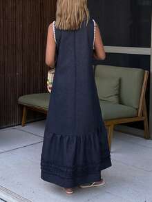 DAZY 女士休闲无袖连衣裙，荷叶边下摆，抽绳腰带，夏季 - 藍色 - 查看 4