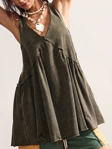 SHEIN BohoFeels Casual Solid Color Knit V-Neck Loose Women Short Dress - Army Green - View 5