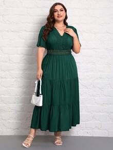 SHEIN VCAY Plus Size Casual Solid Color Lace Patchwork Dress - Dark Green - View 4