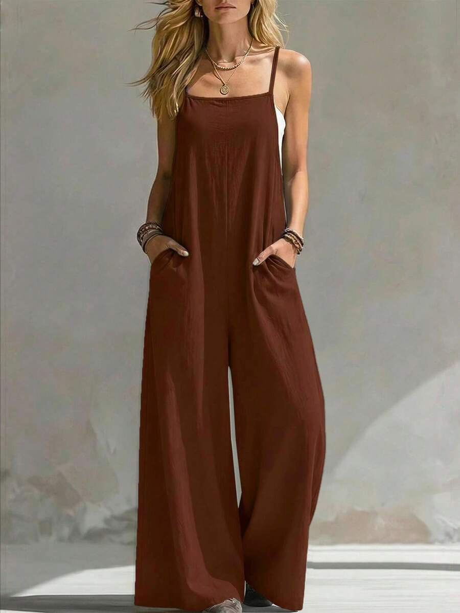 SHEIN LUNE Bộ áo liền quần nữ màu trơn, ống rộng, có túi, kiểu dáng thường ngày. - màu nâu - Xem 1