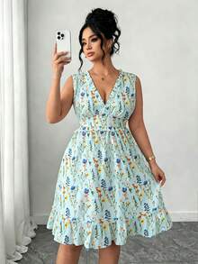 Elenzga Đầm dự tiệc và dạo phố cổ chữ V in họa tiết toàn thân dành cho nữ cỡ lớn - Màu xanh lam - Xem 4