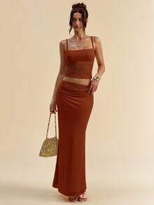 SHEIN BAE Women's Summer Lace Patchwork Camisole Top And Mini Skirt Casual Sexy 2 Pieces Set Vacation Rust Brown - Rust Brown - View 2