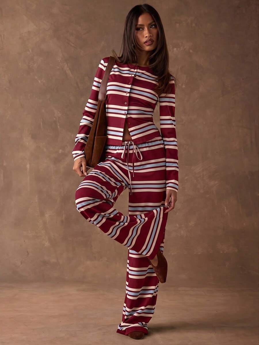 SHEIN BAE 女士休闲通勤撞色条纹裤 - 酒紅色 - 查看 1