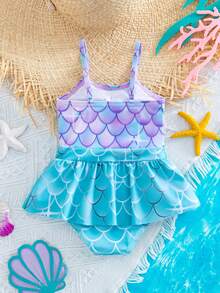 SHEIN Newborn Cute Summer Mermaid Pattern Casual Knitted Bow Color Block Suspender One-Piece Swimsuit - Multicolor - View 4