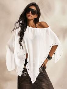 TypaGal Top décontracté polyvalent pour usage quotidien pour femmes, de couleur unie, avec décoration d'épaule asymétrique et clous - Blanc - Voir 1