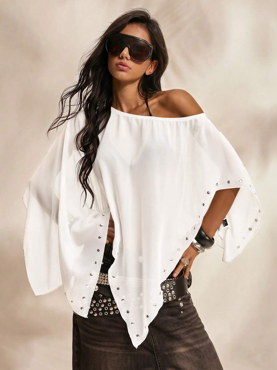 TypaGal Top décontracté polyvalent pour usage quotidien pour femmes, de couleur unie, avec décoration d'épaule asymétrique et clous - Blanc - Voir 1