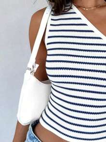 INAWLY Women's Contrast Color Striped Asymmetrical Shoulder Top - Multicolor - View 3