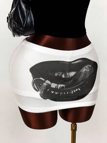 Amplova Women's Lip Print Bodycon Mini Skirt - Black and White - View 11