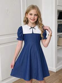 Elladie kids Robe blanche à col mignon pour préadolescentes avec décoration de nœud noir, robe grise décontractée - Bleu azur - Voir 6