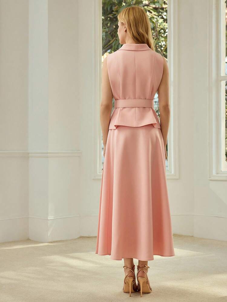 WOMEN'S SLEEVELESS BELTED MATCHING TOP + PLEATED MIDI SKIRT, COMMUTER OUTFIT