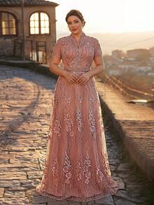 Serin Plus Size Elegant Dusty Pink Summer Wedding Formal Dress,Short Sleeve French Embroidered Mesh Pearl Crystal Decor A-Line Mother Of The Bride Gown - Dusty Pink - View 8