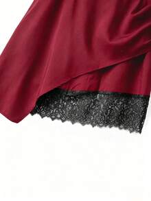 Rometta Plus Size Women's Asymmetrical Hem Ruched Lace Patchwork Skirt, Elegant For Commuting Gym And Outings Brown Autumn - Burgundy - View 6