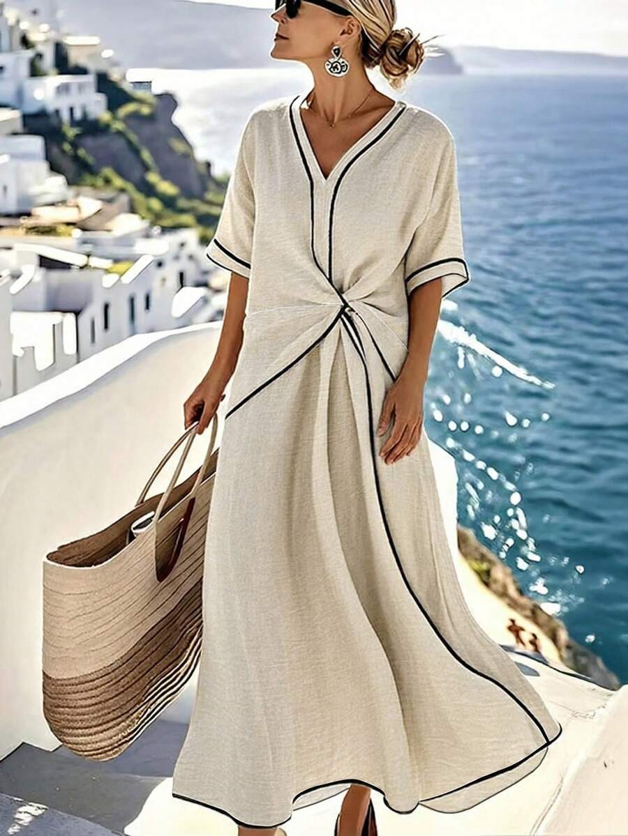 EMERY ROSE Apricot Cotton-Linen Color-Blocking Black Short-Sleeve Maxi Dress, A Plus-Size Women's Dress For Spring And Summer. It's Suitable For Casual Vacations And Daily Outings. - Apricot - View 1