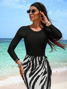 Swim Shayni 3pcs Set: Solid Color Long Sleeve Top, Long Pants And Mesh Cover-Up Swimwear For Young Middle Eastern Women - Black and White - View 4