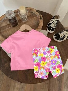 SHEIN 女婴休闲可爱印花圆领短袖T恤和打底裤套装，图案包括花朵、人脸、彩虹、昆虫和蝴蝶，适合春夏穿着。这款女婴服装套装舒适百搭，适合春夏穿着，是女婴、幼儿女童的理想之选。套装包含女童套装、女童套装、女童套装、幼儿女童套装、 ... - 彩色 - 查看 3