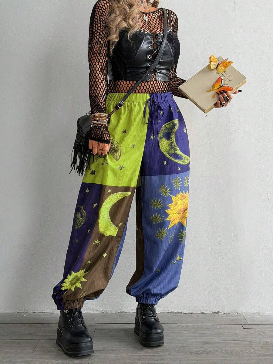 SHEIN Whyspr 大码深色拼接印花宽松裤 - 彩色 - 查看 1