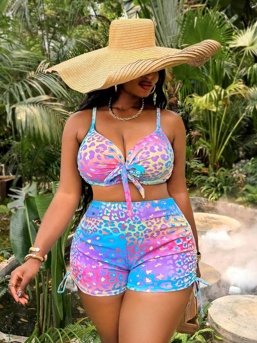 Slaydiva Bộ bikini cỡ lớn dành cho nữ, in họa tiết ombre, có gọng nâng ngực và quần bikini buộc dây bên hông. - Nhiều màu - Xem 1