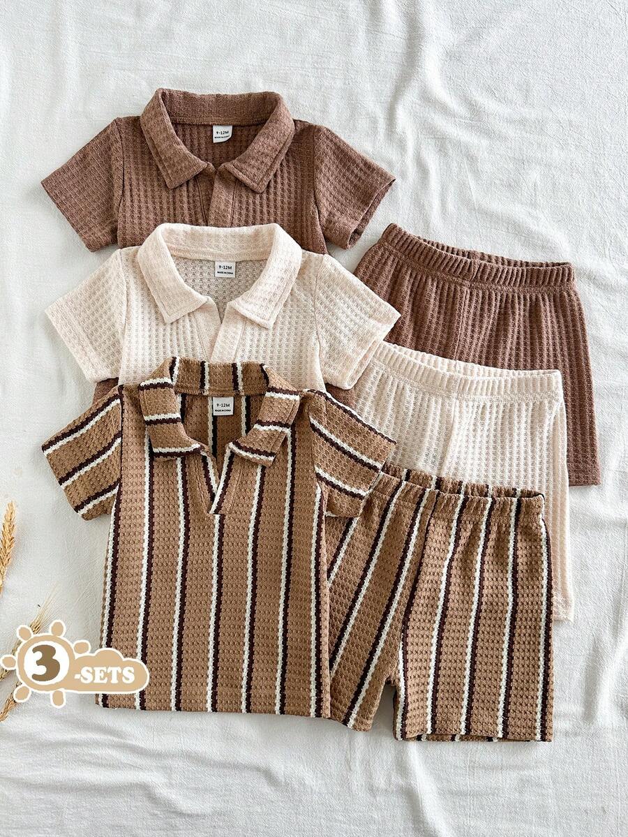 Vintaside Kids 幼儿男童时尚休闲 Polo 领条纹纯色多件套服装，适合外出、度假、休闲活动