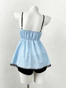 2025夏季欧美风蕾丝拼接V领吊带背心，修身性感女式背心 - 藍色 - 查看 2