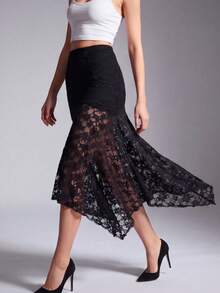 Glamine Charm 女士黑色蕾丝不对称下摆半身裙，弹力修身款，适合派对和日常穿着 - 黑色 - 查看 4