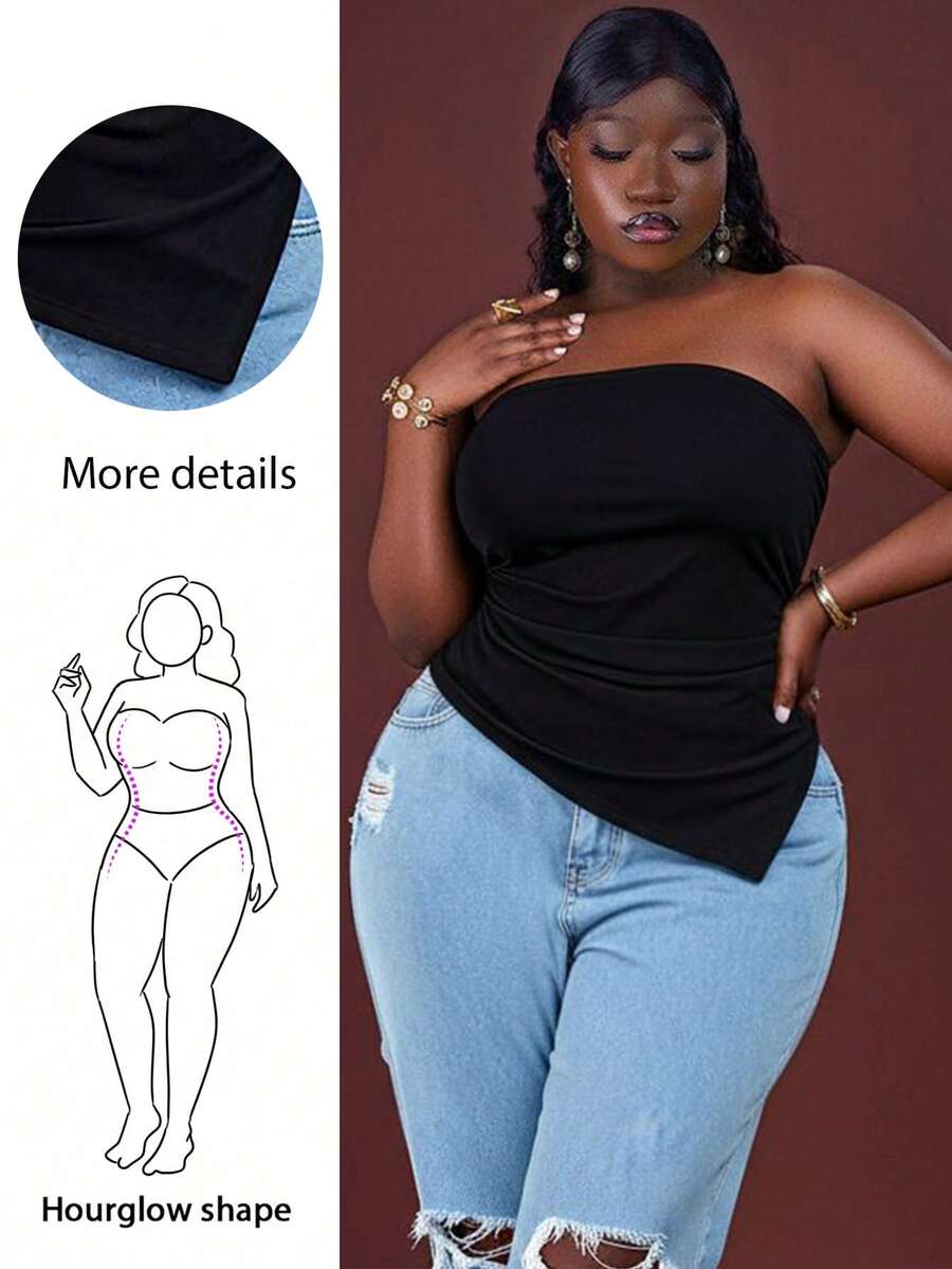 CurvyTilda Plus Size Women's Tube Top Solid Color Stretch Knitted Tight Ruched Asymmetrical Design Hem Bandeau Top, For Hourglass Body Shape, For Body Shape, For Summer - Black - View 1